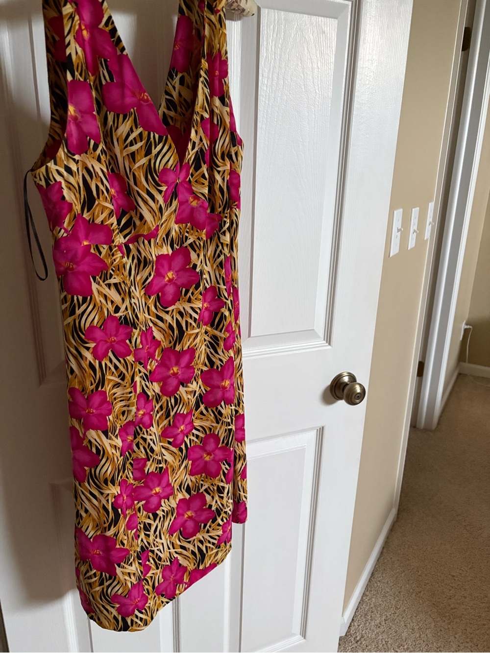 Escada Fuchsia and Gold Floral Asymmetrical Dress